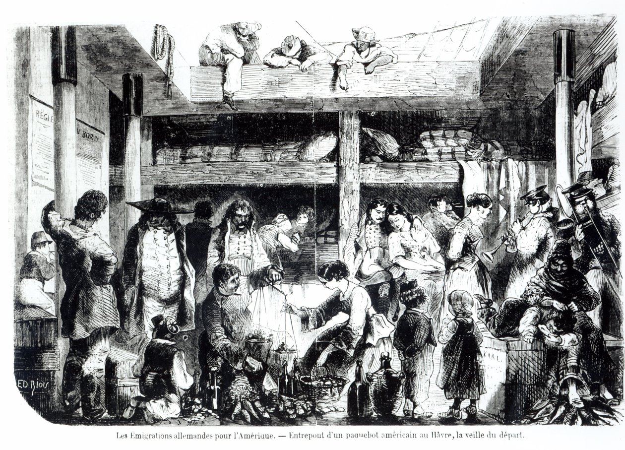 Az Amerikába indulás előestéje – Német emigránsok az Egyesült Államokba indulnak egy amerikai vonalhajó kormányzónájában Le Havre kikötőjében, 1850 körül alkotó: Edouard Riou