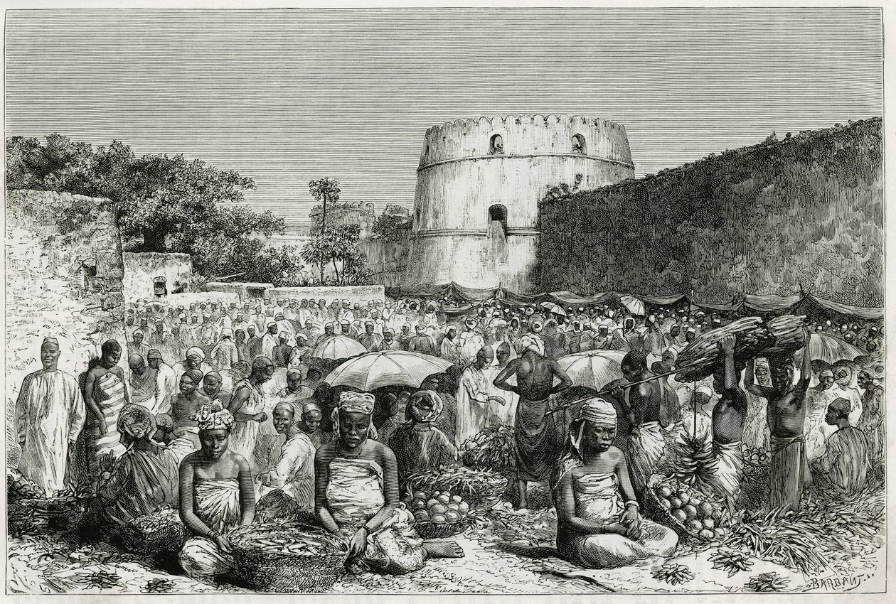 Zanzibár gyümölcspiaca (Tanzánia). Riou metszete a „Utazás a Benadirba, az Omalisba és a Bayounba” című történet illusztrálására, 1882-1883, M.G.Revoil. Megjelent a Le Tour du monde, nouveau Journal des voyages folyóiratban alkotó: Edouard Riou