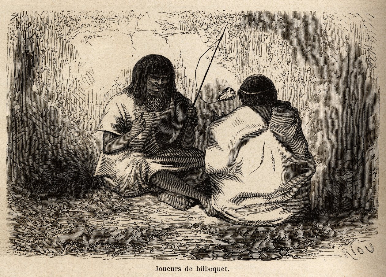 A teknősfejű bilboquet játék a perui conibos indiánok körében, Riou rajza P. Marcoy 1848-tól 1860-ig tartó utazásának illusztrálására a Csendes-óceántól az Atlanti-óceánig. Gravírozás a „Le tour du monde”-ban, szerkesztette Edoua alkotó: Edouard Riou