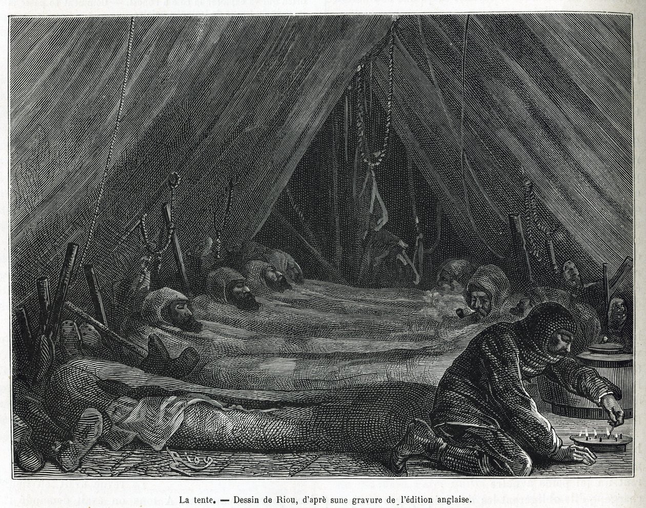 A sátor belseje a jégtáblán, Riou rajza egy 1875-1876-os sarki tengeri utazás történetének illusztrálására, G.SNares kapitány (1831-1915) alkotása. Gravírozás a Le tour du monde-ban alkotó: Edouard Riou