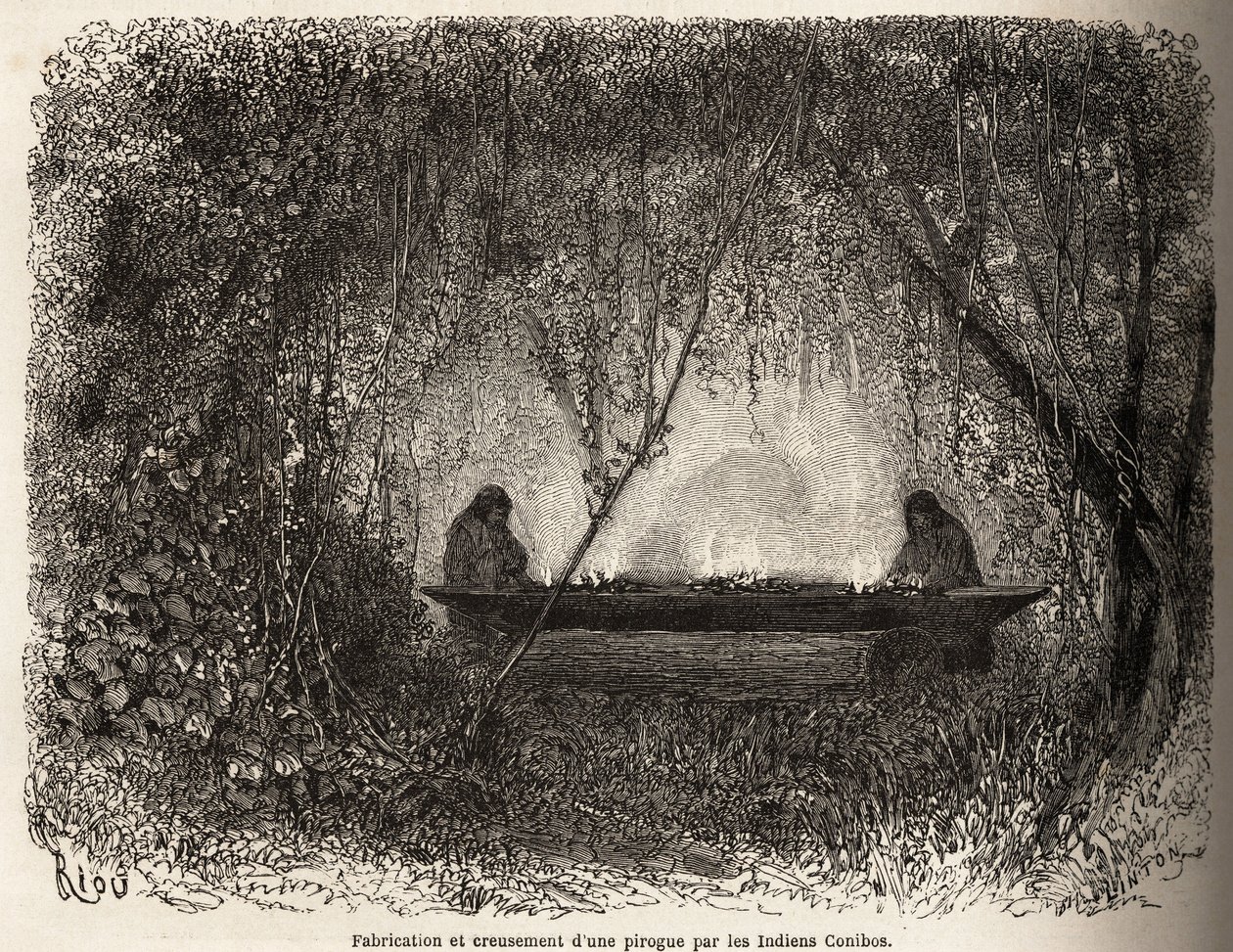 A perui Conibo indiánok tűz által evakuált kenu gyártása, Riou rajza P. Marcoy 1848-tól 1860-ig tartó utazásának szemléltetésére a Csendes-óceántól az Atlanti-óceánig. Gravírozás a „” Le tour du monde”-ban, szerkesztette Edouard Cha alkotó: Edouard Riou