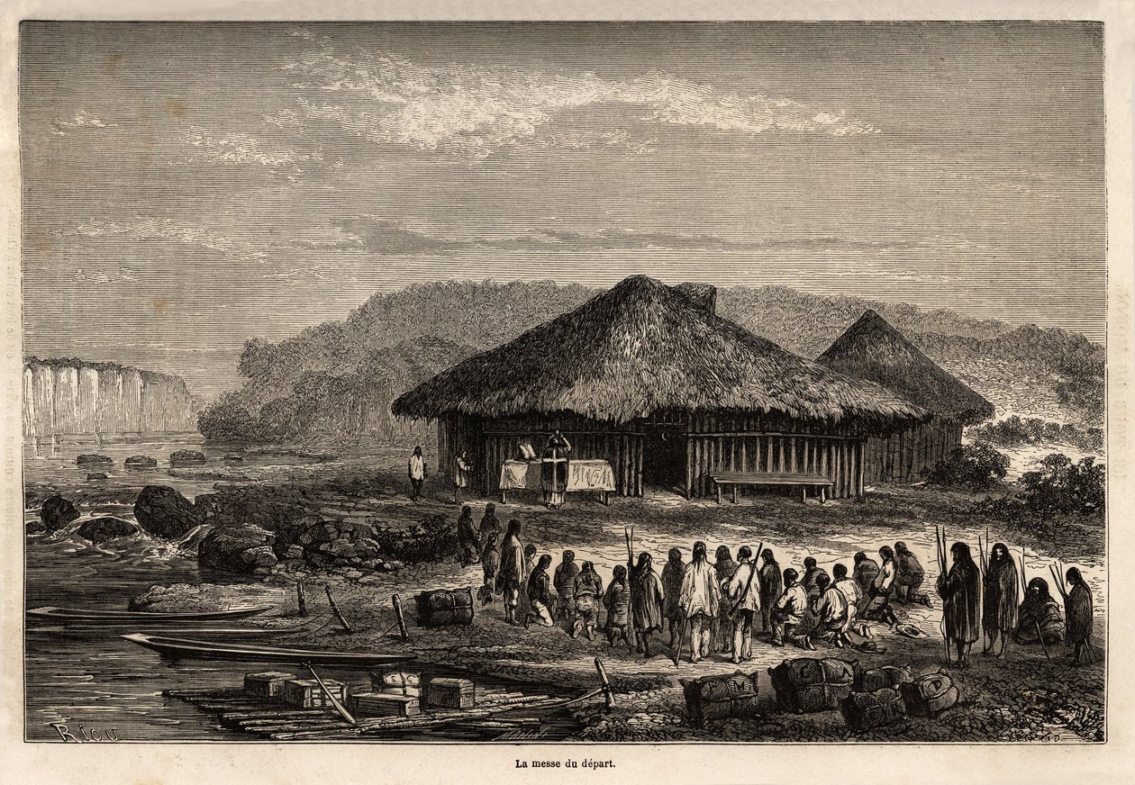 Az echarati (Peru) indulás tömege, amelyen a megtért bennszülöttek is részt vettek, Riou rajza, amely Paul Marcoy 1848-tól 1860-ig tartó utazását mutatja be a Csendes-óceántól az Atlanti-óceánig. Metszet a „Le tour du monde”-ban, szerkesztve. készítette: E alkotó: Edouard Riou