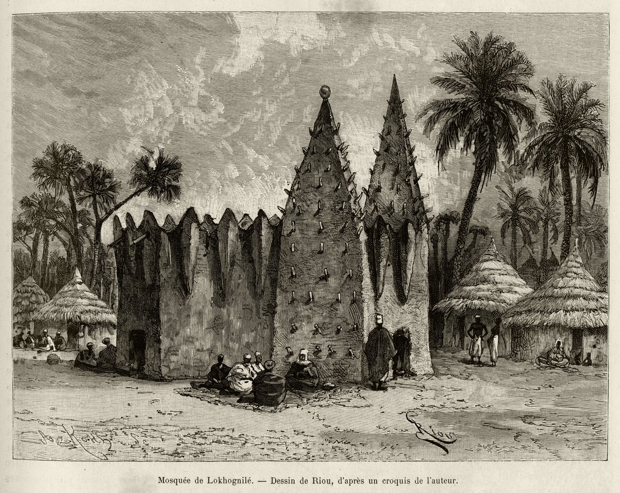 Lokhognile mecsetje (Guineai-öböl). Riou metszete Louis Gustave Binger kapitány (1856-1936) „"Nigertől a Guineai-öbölig" című történetének illusztrálására, 1887-1889-ben a Le tour du monde-ban, az új folyóiratban des voyages, irányítása alatt alkotó: Edouard Riou