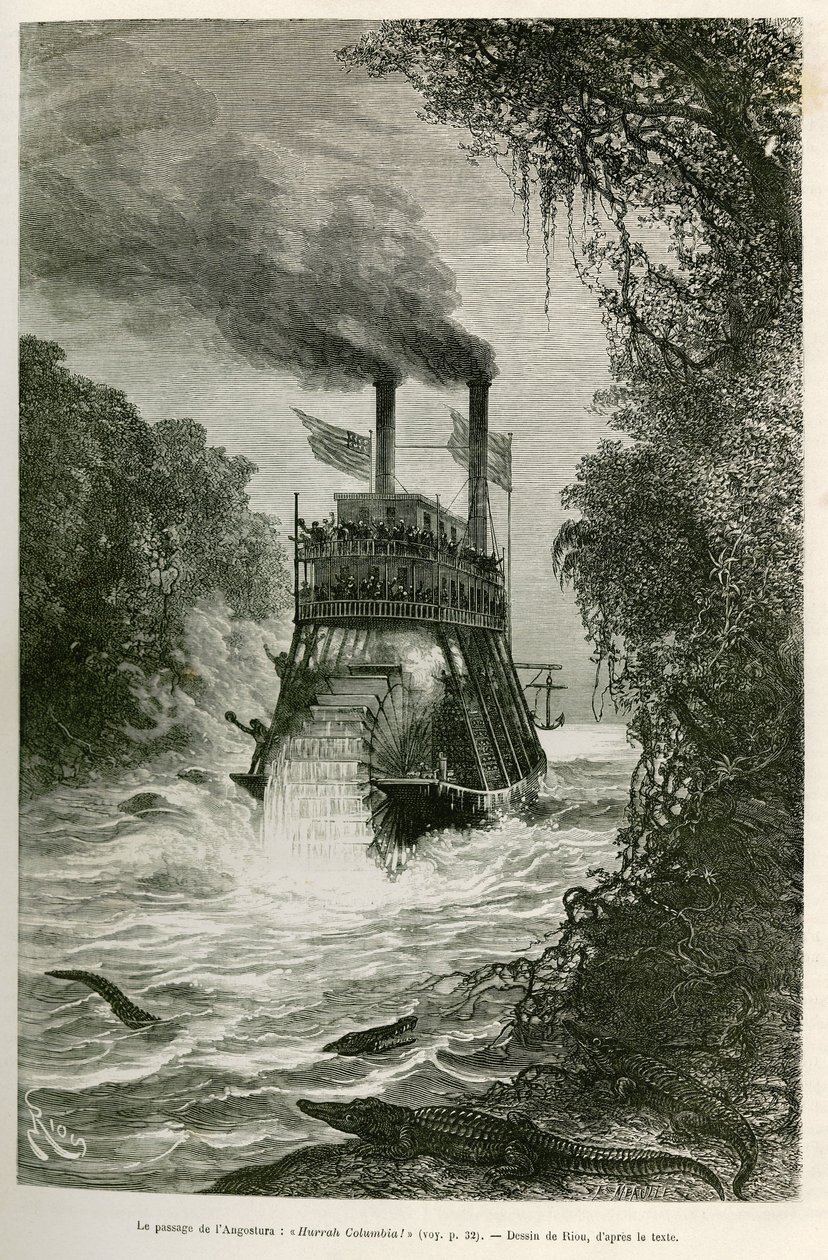 Az Angostura (Kolumbia) áthaladása az expedíció gőzhajójával, E.Riou rajza a napéjegyenlőségi Amerikába (Kolumbia, Ecuador, Peru) 1875-1876-ban, Edouard Andre (1833-1894) tett utazásának illusztrálására , utazó, akit a Fr. küldetéssel bízott meg alkotó: Edouard Riou
