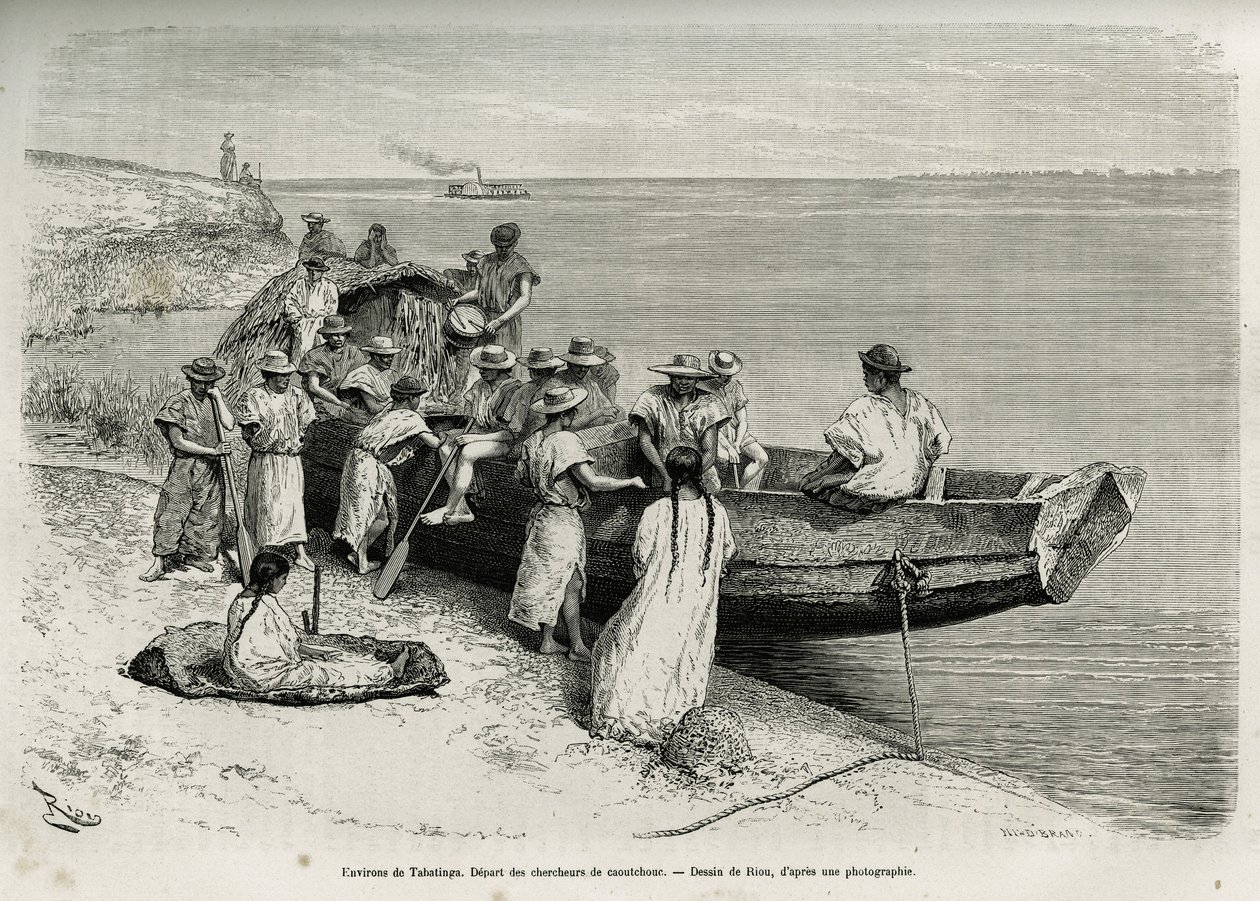 Gumikutatók indulása Tabatinga (felső Amazonas régió) környékén. Riou metszete Cayenne aux Andes történetének illusztrálására Jules Crevaux, a francia haditengerészet orvosa 1878-1879-ben, a Tour du monde-ban jelent meg, a direc alatt alkotó: Edouard Riou