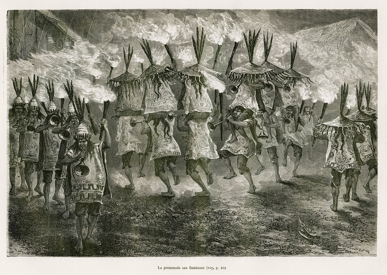 A fáklyás séta San Jose utcáin, E.Riou rajza, hogy illusztrálja a Titicaca régióban és Alsó-Peru keleti részének völgyeiben tett utazást, Paul Marcoy 1873-ban. Gravírozás a Le tour du monde-ban alkotó: Edouard Riou
