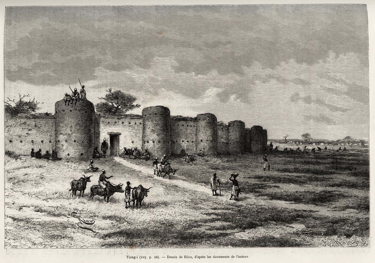 Tiong-Gi városa (Tiong Gi, Mali), erődítményeivel és agyagtornyaival. Riou metszete Louis Gustave Binger kapitány (1856-1936) „"Nigertől a Guineai-öbölig" című történetének illusztrálására, 1887-1889-ben, a Le tour du monde, új folyóiratban alkotó: Edouard Riou
