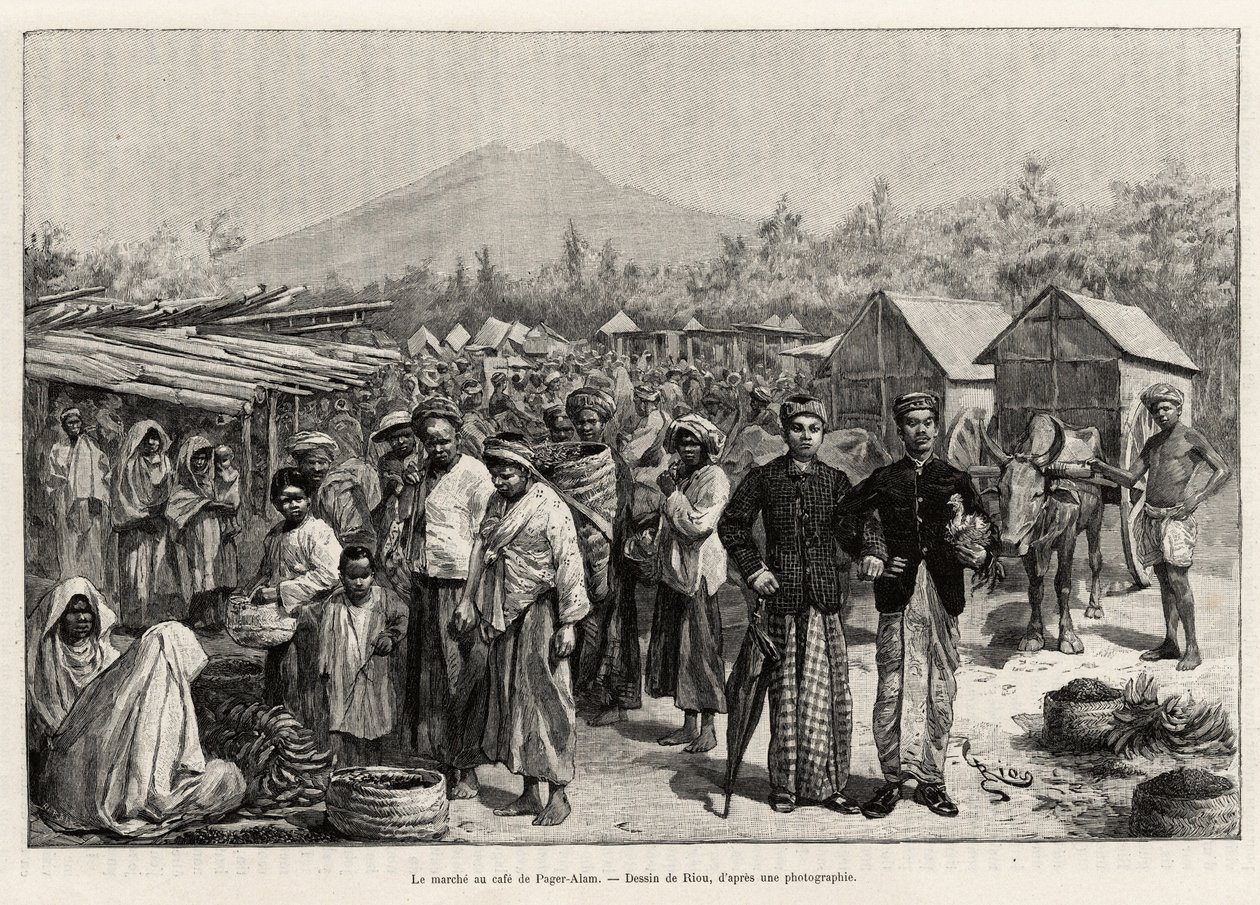 Séta a Pager Alam Cafe-ban (Malajzia). Riou metszete az „egy év Malajziában” történet illusztrálására, Jules Claine (1856-1939) alkotó: Edouard Riou