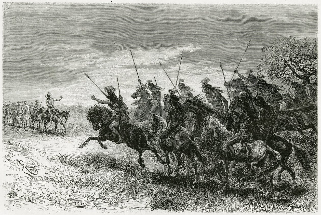 Tobas indiánok (a Chaco régióból, Paraguay és Bolívia között) nem hajlandók átjutni a Thouar expedíció oszlopához. Riou metszete a „" A Crevaux-i küldetés maradványai után kutatva" című történet illusztrálására, 1884-ben, A. Thouar (1853-disapp) alkotó: Edouard Riou