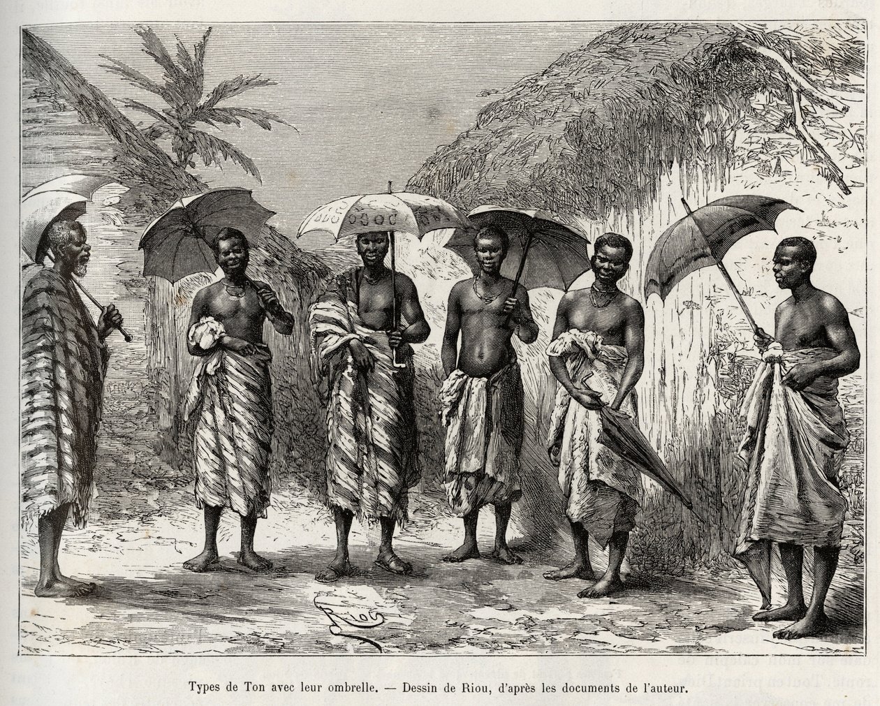 Hangtípus az esernyőjükkel. Riou metszete Louis Gustave Binger kapitány (1856-1936) „"Nigertől a Guineai-öbölig" című történetének illusztrálására, 1887-1889-ben a Le tour du monde-ban, az új folyóiratban des voyages, irányítása alatt Edouard Char alkotó: Edouard Riou