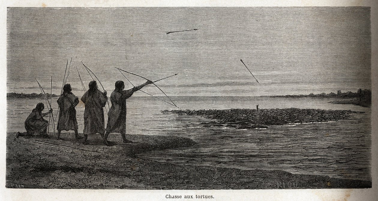 Teknősvadászat a perui indiai konibók között, Riou rajza P. Marcoy 1848-tól 1860-ig tartó utazásának szemléltetésére a Csendes-óceántól az Atlanti-óceánig. Gravírozás a „Le tour du monde”-ban, szerkesztette Edouard Charton alkotó: Edouard Riou