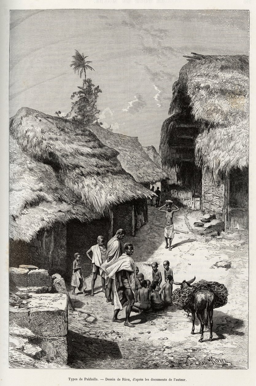 A Pakhala (Elefántcsontpart) típusai. Riou metszete Louis Gustave Binger kapitány (1856-1936) „"Nigertől a Guineai-öbölig" című történetének illusztrálására, 1887-1889-ben a Le tour du monde-ban, az új folyóiratban des voyages, irányítása alatt Edouard Cha alkotó: Edouard Riou