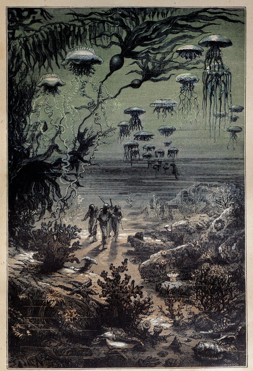 Víz alatti padló. Illusztráció Edouard Riou (1833-1900) Jules Verne (1828-1905) „Húszezer liga a tenger alatt” című regényéhez, 19. századi magángyűjtemény alkotó: Edouard Riou