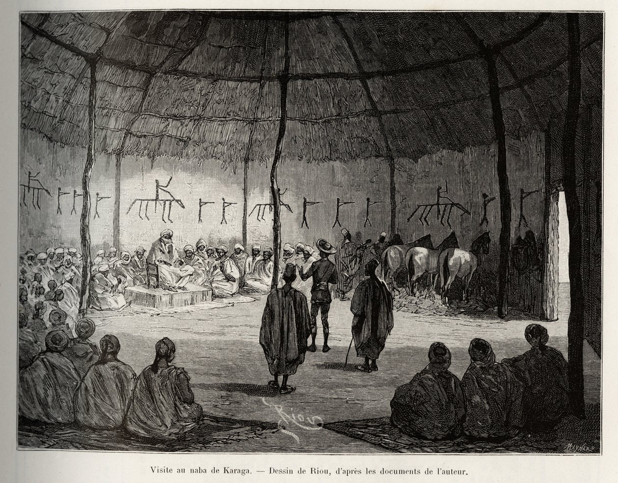 Látogatás a Karagai Nabában (Ghána). Riou metszete Louis Gustave Binger kapitány (1856-1936) „"Nigertől a Guineai-öbölig" című történetének illusztrálására, 1887-1889-ben a Le tour du monde-ban, az új folyóiratban des voyages, irányítása alatt Edouar alkotó: Edouard Riou