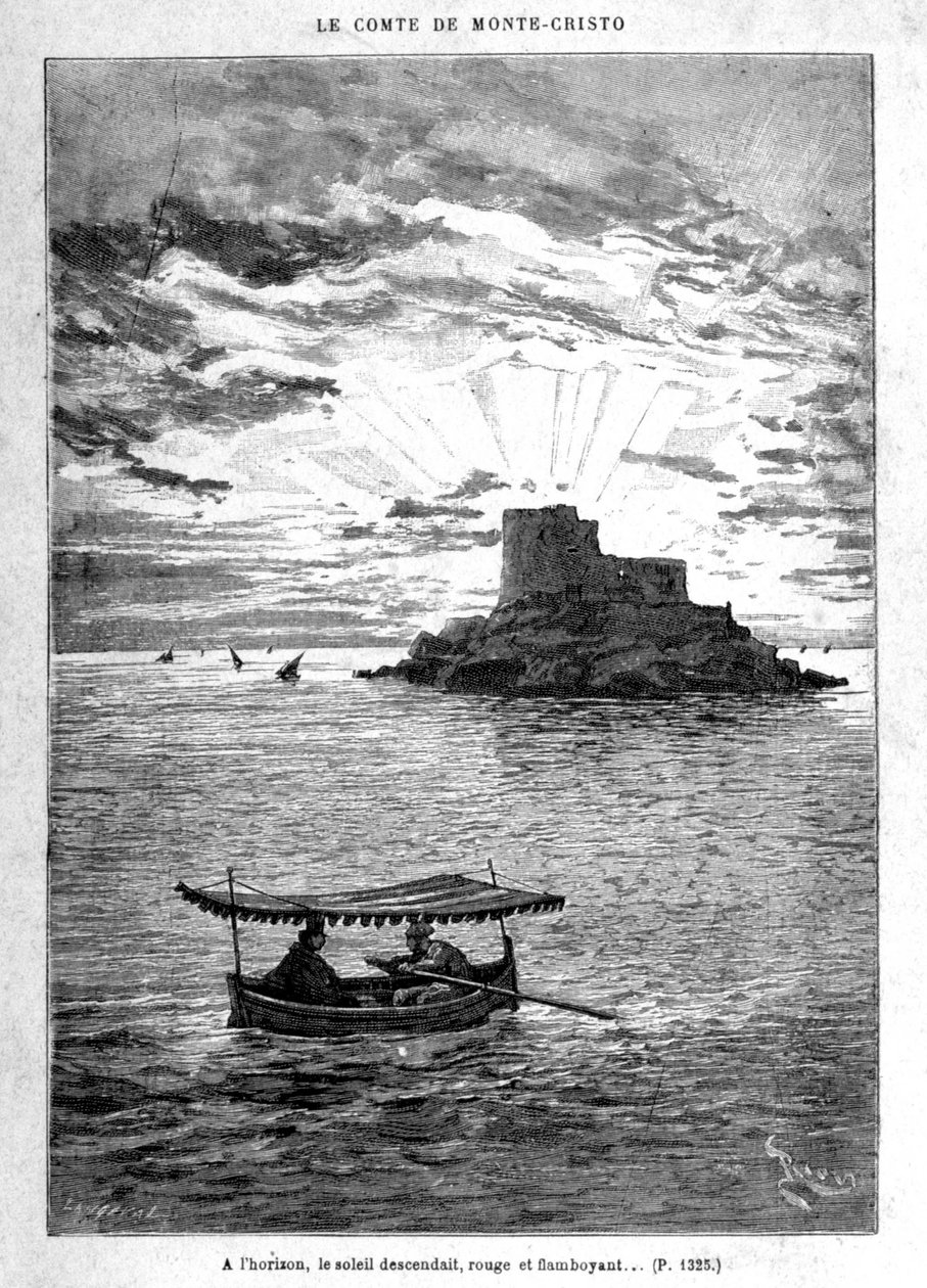 Vitorlázás a szigetre – Riou metszete, A. Dumas „” Monte-Cristo grófja” című könyvében, szerk. Jules Rouff & Cie alkotó: Edouard Riou