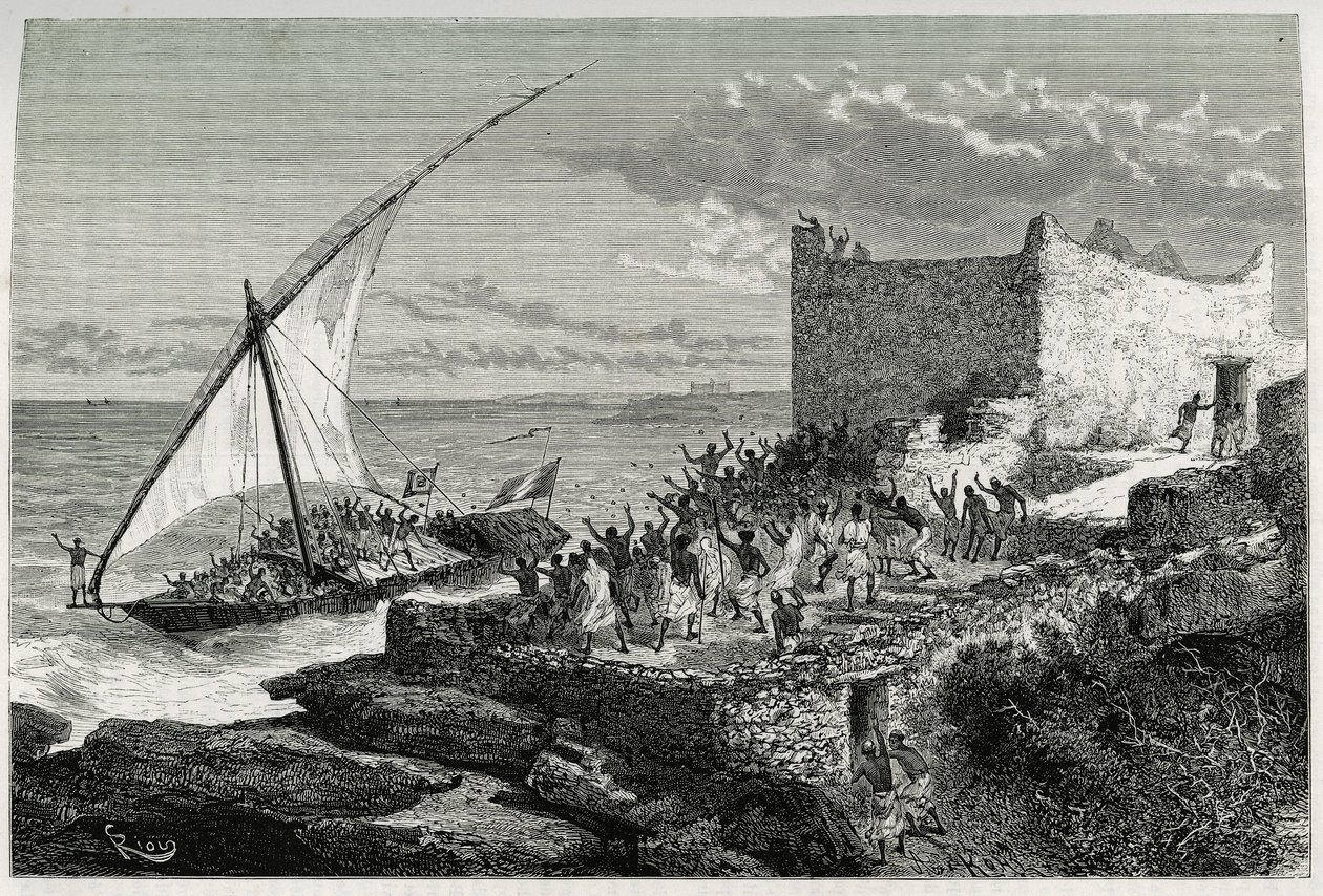 Moguedouchou (Mogadishu) kikötőjébe belépő utazók trágyájával a tengerészek hatalmas ütőt csinálnak, hogy vonzzák az embereket, akik lelkes kiáltással fogadják őket. Riou metszete a „Voyage chez les Benadir, les somalis et” történet illusztrálására alkotó: Edouard Riou