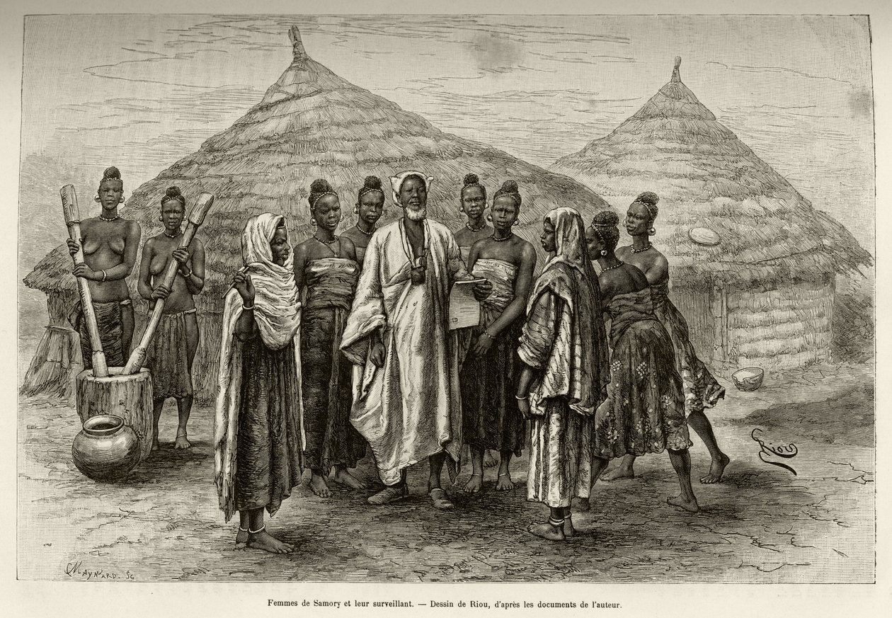 Samory Toure női (1835-1898 körül) a Niger hurok hadvezére és felügyelőjük, Sonninke, aki tud arabul írni és olvasni, amint azt a kezében tartott papír is bizonyítja. Riou metszete a „” Nigertől az Öbölig című történet illusztrálására alkotó: Edouard Riou