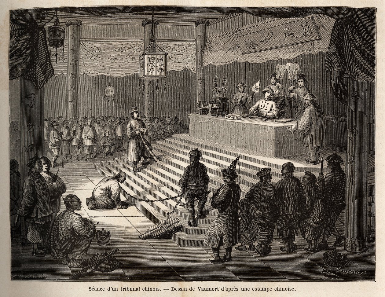 Egy kínai bíróságon a vádlott megjelenik a bíróságon egy őt láncra verve tartó csendőrtől és a hentesétől, Vaumort (? -1886) rajzával, hogy szemléltesse M. de Bourboulon 1859-től 1862-ig tartó utazását Sanghajból Moszkvába. , francia miniszter Ch alkotó: Edouard Vaumort