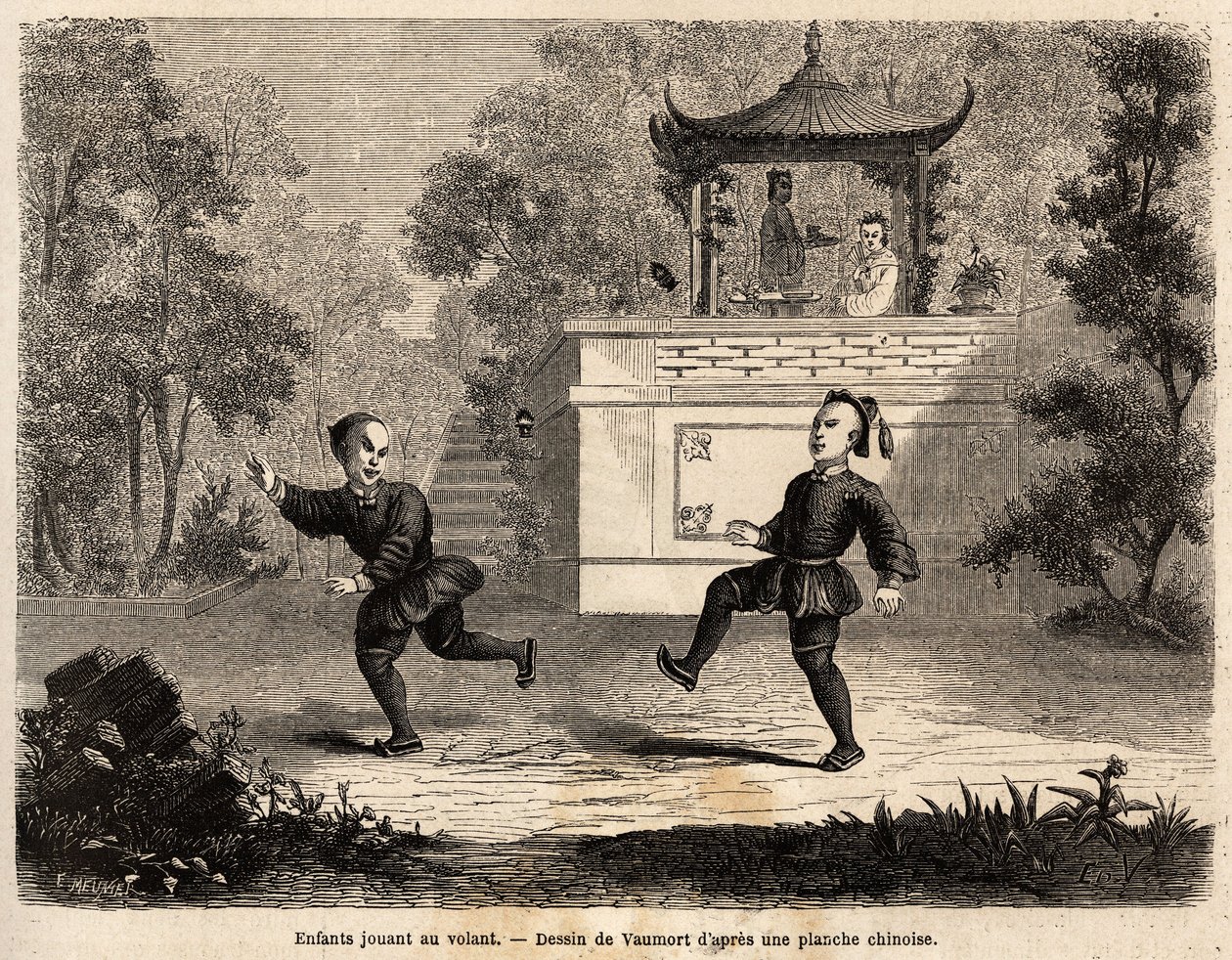 A kormánynál játszó kínai gyerekek (bőrlabda, nehézfém gyűrűk és beültetett 3 hosszú toll), édesanyjuk felügyelete mellett, Vaumort (? -1886) rajza a Sanghajból Moszkvába tartó, 1859-től 1862-ig tartó utazás szemléltetésére. de Bourb úr alkotó: Edouard Vaumort