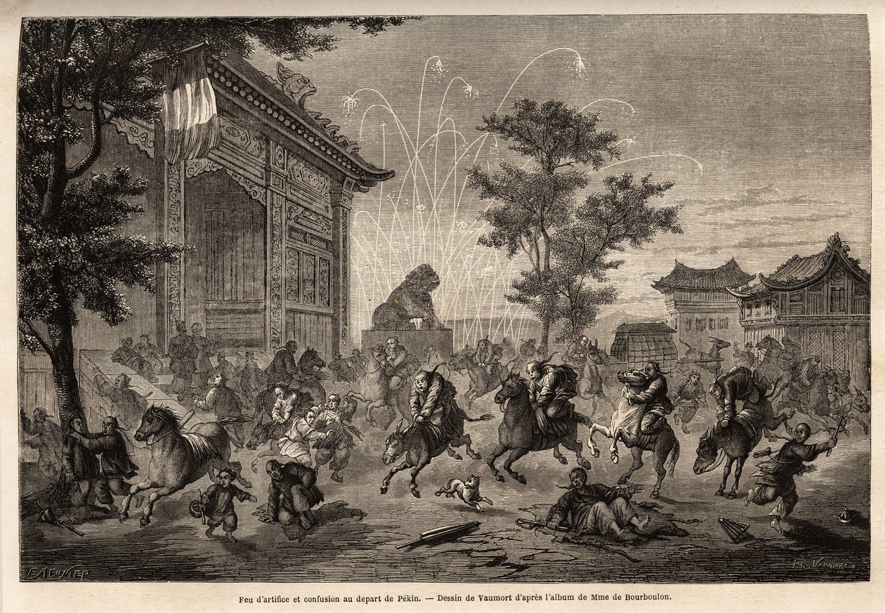 Tűzijáték Pekinben és zavarodottság a francia követség legénységében a Mongóliába induláskor. Vaumort (? -1886) rajza M. de Bourboulon, francia kínai miniszter 1859-től 1862-ig tartó utazásának szemléltetésére Sanghajból Moszkvába. Metszés alkotó: Edouard Vaumort