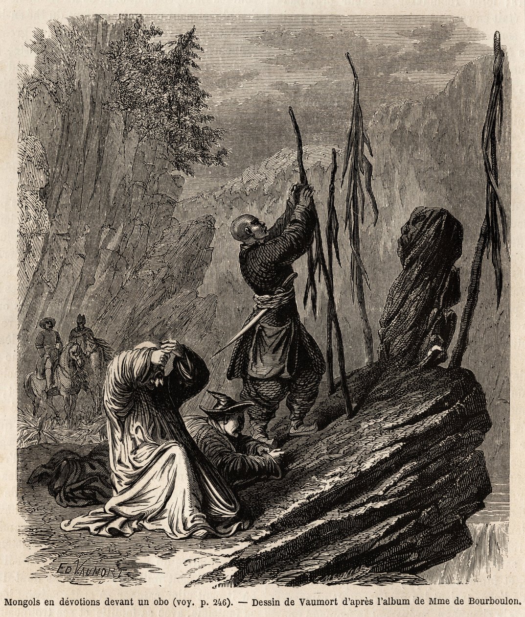 Mongolok egy obo iránt, a Bakka és a Mongólia-hegység közelében, Vaumort (? -1886) rajza M. de Bourboulon, francia kínai miniszter 1859 és 1862 között Sanghajból Moszkvába tartó utazásának szemléltetésére. Gravírozás a „” Le tour du monde” nyelven”, szerke alkotó: Edouard Vaumort