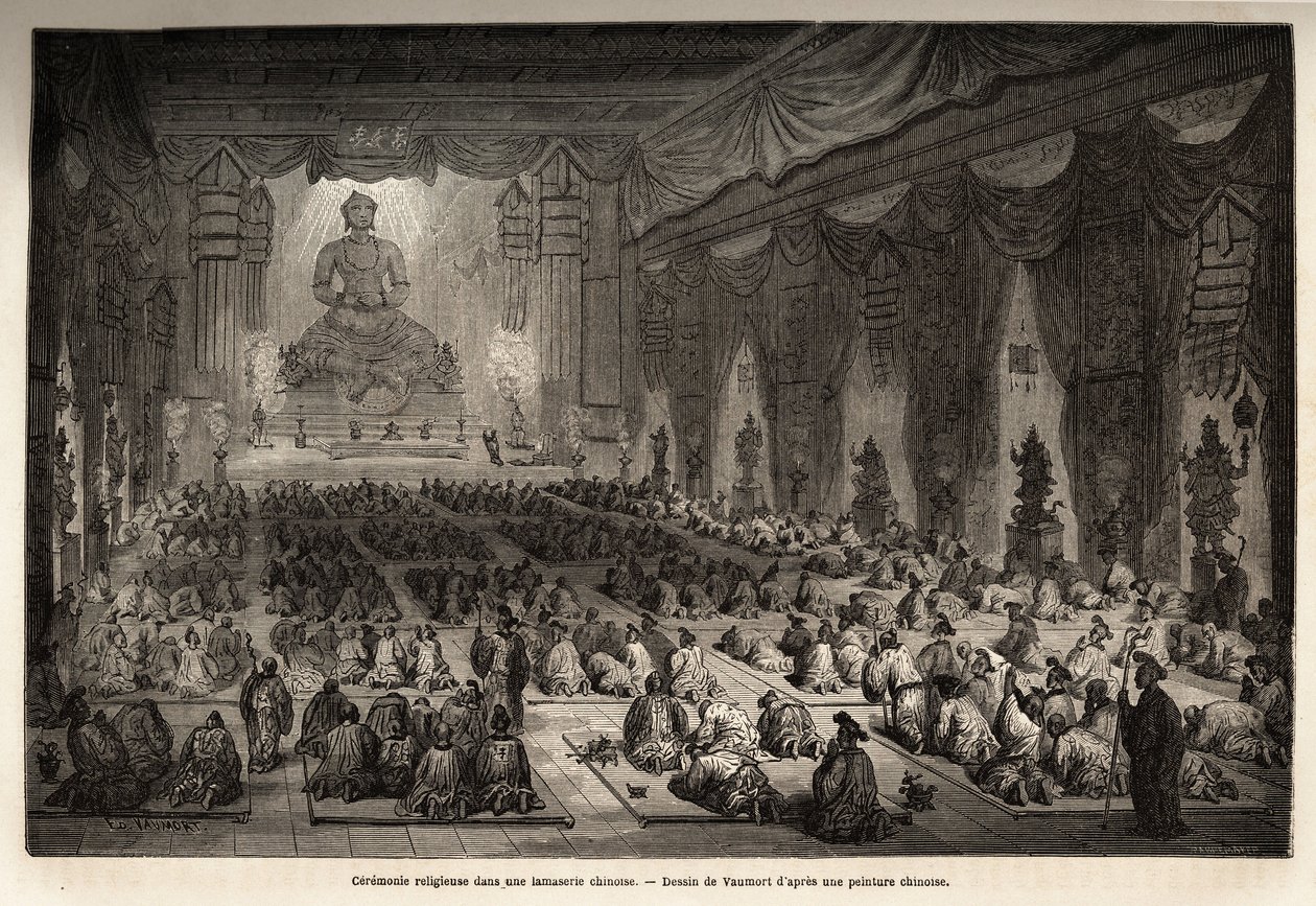 Vallási szertartás egy kínai lamasserie-ben, Vaumort (? -1886) rajza M. de Bourboulon, francia kínai miniszter 1859 és 1862 között Sanghajból Moszkvába tartó utazásának szemléltetésére. Gravírozás a „Le tour du monde”-ban, szerkesztette Edouard Charton alkotó: Edouard Vaumort