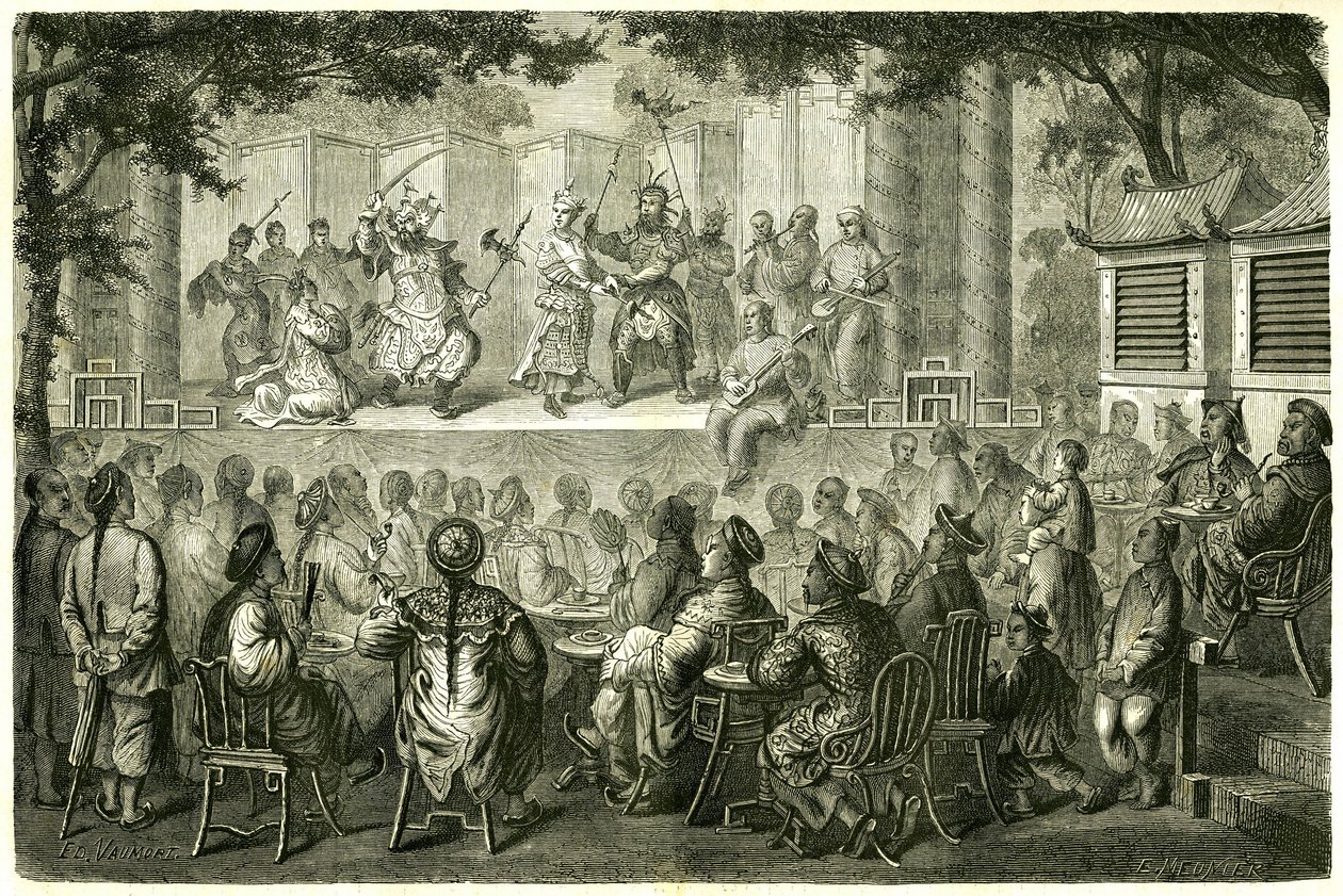 Az Opera de Pekin (Peking) ábrázolása, Kína, Madame de Bourboulon utazási története után. Metszet Vaumort rajza nyomán, a „Le Tour du Monde, Nouveau Journal des Voyages” című kiadványban, szerkesztette Edouard Charton, Párizs alkotó: Edouard Vaumort