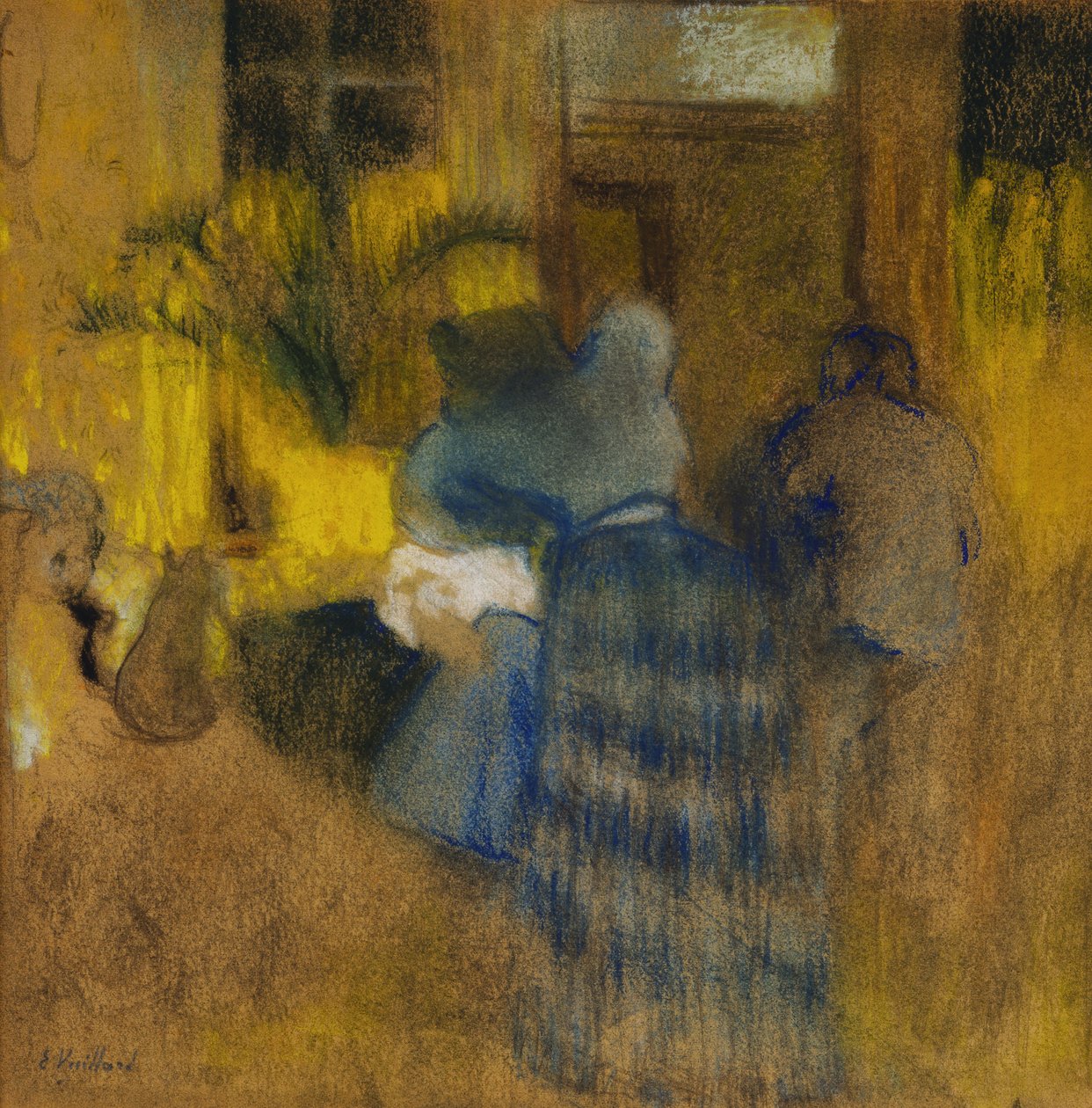 Belső sárga és kék, macska és gyermek alkotó: Edouard Vuillard