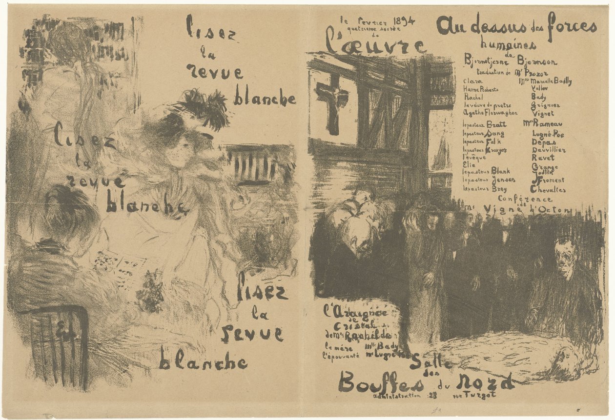 Borítóműsorfüzet a La Revue Blanche reklámjával és az Au-dessus des forces humaines című darab bejelentésével Lisez la revue blanche Au-dessus des forces humaines alkotó: Edouard Vuillard