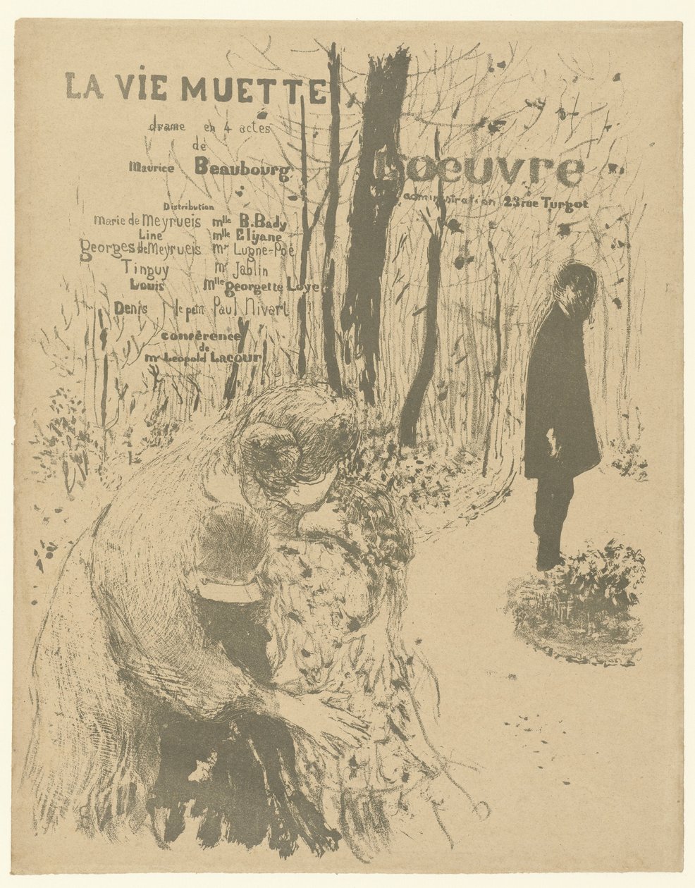 A programfüzet borítója kétgyermekes nővel és férfival a parkban a La vie muette című darabhoz, a szerepek és a színészek listájával La vie muette alkotó: Edouard Vuillard