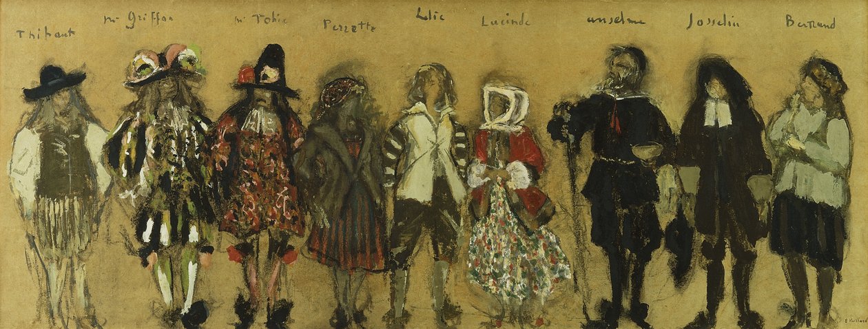 Tanulmány a Jean de la Fountaine számára készült "La Coupe Enchantee"-ban kilenc színész jelmezeire; Jelmeztanulmányok az elvarázsolt pohár kilenc karakteréhez, Jean de la Fontaine, 1918 alkotó: Edouard Vuillard