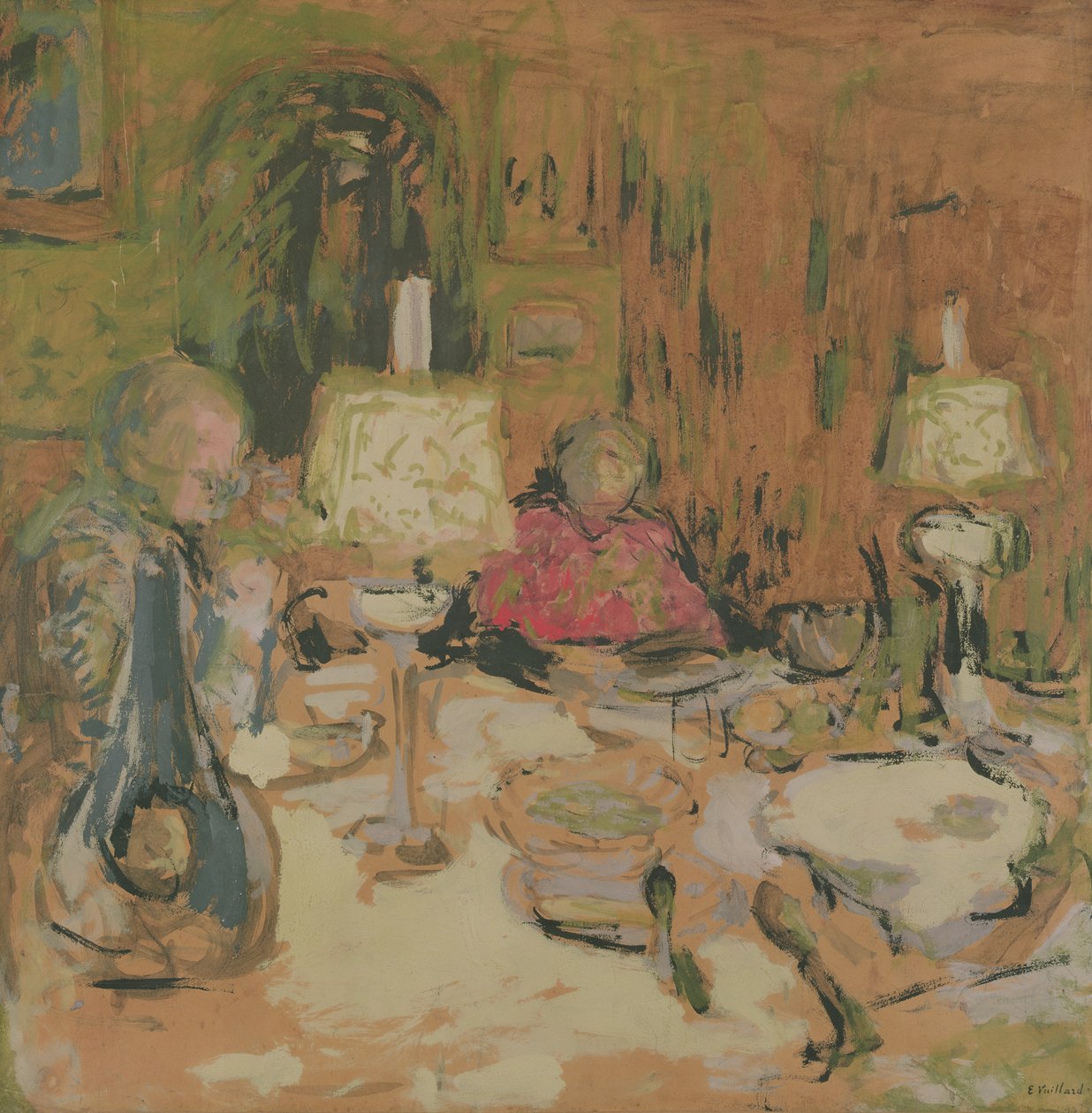 A vacsora két lámpával, rue de Calais, 1913 (szoporszság barna papíron) alkotó: Edouard Vuillard