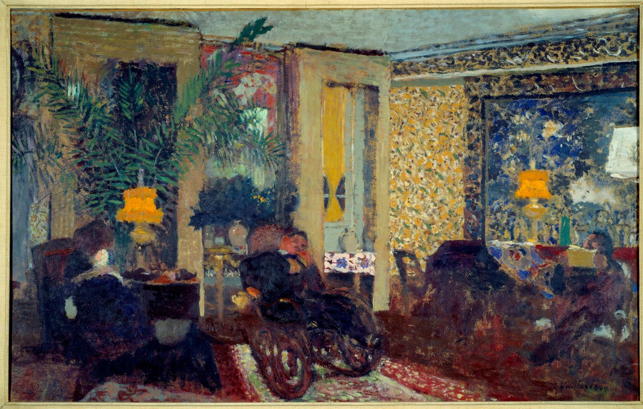 A nappali három lámpával St. Firenze. Egy lakás nappalijának belseje. Középen egy férfi ül egy hintaszéken. Edouard Vuillard festménye (1868-1940) alkotó: Edouard Vuillard