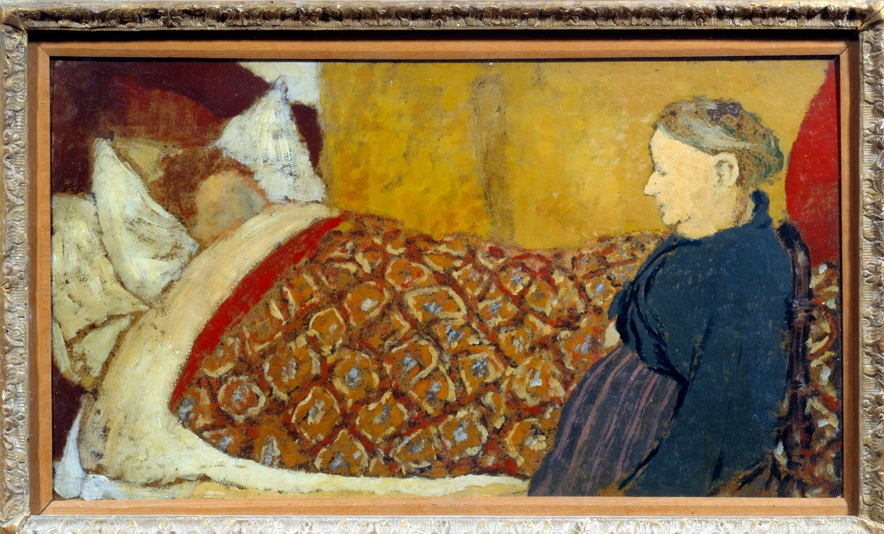 Altatódal Egy nagymama altatódalt énekel, vagy mesét mesél alvó gyereknek. Karton maroufle fa panelen Parque d"Edouard Vuillard alkotó: Edouard Vuillard