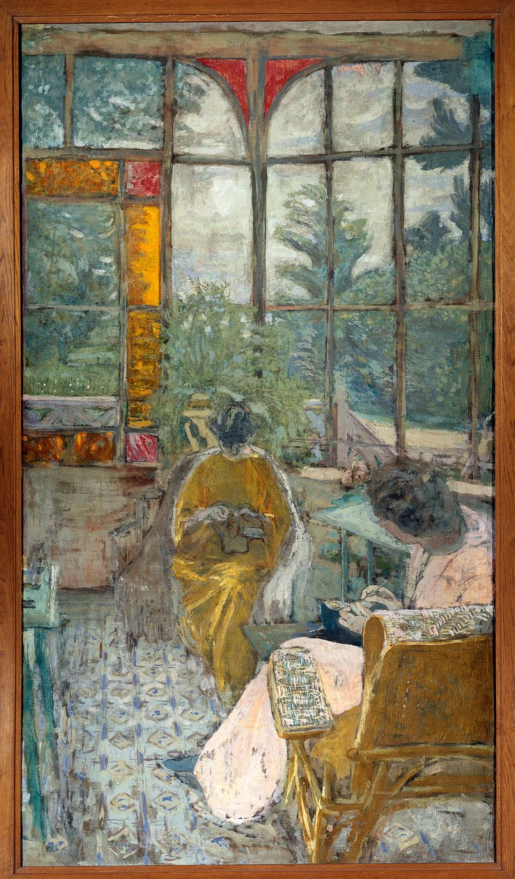 Két nő hímzett egy veranda alatt. Lucie Hessel és Marthe Mellot színésznő alkotó: Edouard Vuillard