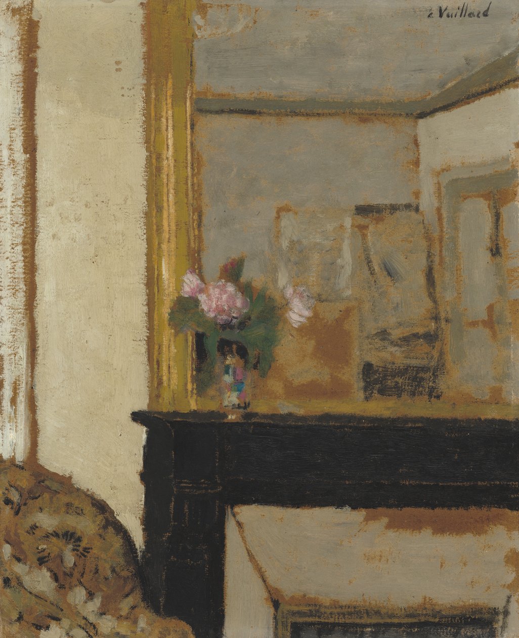 Váza virágokkal kandallópárkányon, 1900 körül (olaj, karton) alkotó: Edouard Vuillard