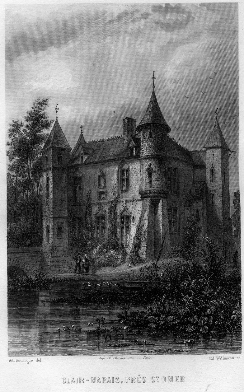 Clair mocsár (Clair-Marais vagy Clairmarais) Saint Omer (Saint Omer) közelében, Pas-de-Calais, Nord-Pas-de-Calais régió (Nord Pas de Calais), Franciaország. Willmann metszet az „Ókori és modern Franciaországban” – Jean-Bernard Mary-Lafon (Jean Bernard Mary alkotó: Edouard Willmann