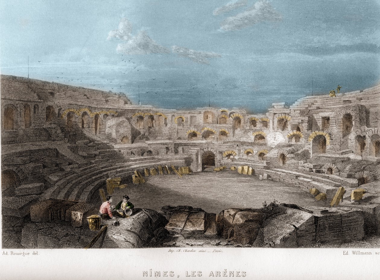 Nimes arénái, Gard, Languedoc-Roussillon (Languedoc Roussillon), Franciaország. Willmann metszet az „Ókori és modern Franciaországban” – Jean-Bernard Mary-Lafon (Jean Bernard Mary Lafon) alkotó: Edouard Willmann