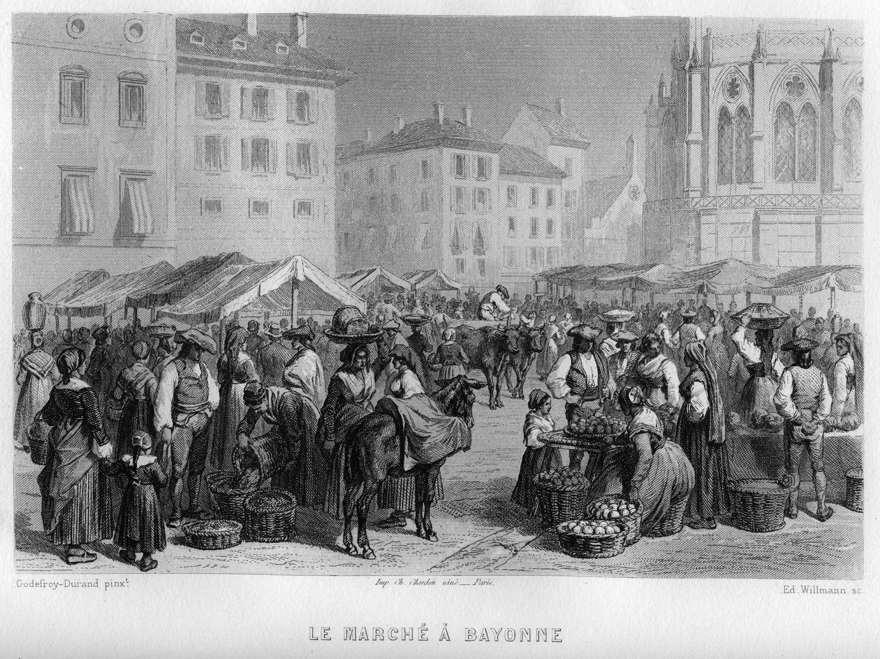 Marche Bayonne-ban, Pyrenees-Atlantiques (Pyrenees Atlantiques), Aquitaine, Franciaország. Willmann metszet az „Ókori és modern Franciaországban” – Jean-Bernard Mary-Lafon (Jean Bernard Mary Lafon) alkotó: Edouard Willmann