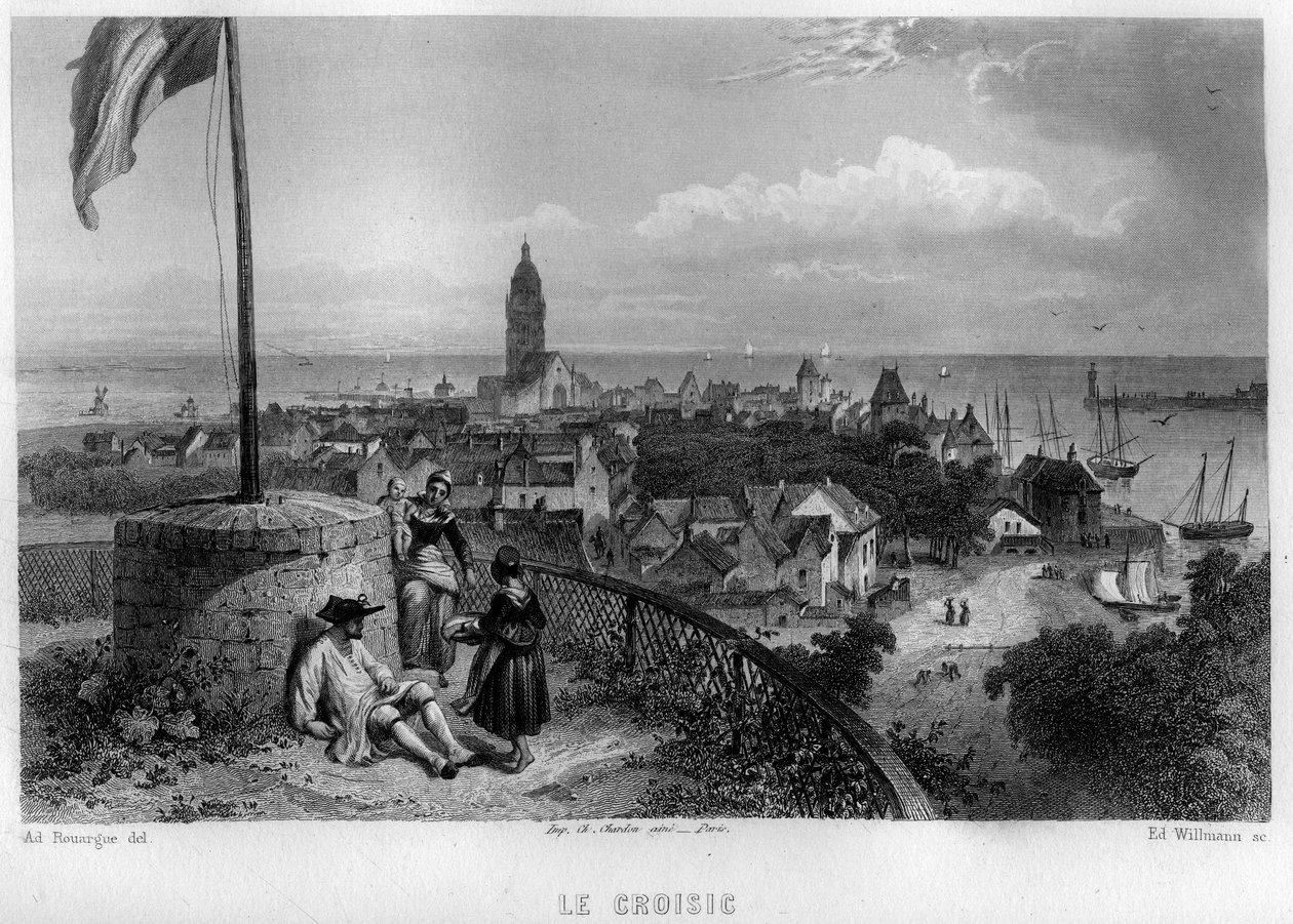 Kilátás Croisic (Le Croisic), Loire-Atlantique (Loire Atlantique), Pays de la Loire, Franciaország városára. Willmann metszet az „Ókori és modern Franciaországban” – Jean-Bernard Mary-Lafon (Jean Bernard Mary Lafon) alkotó: Edouard Willmann