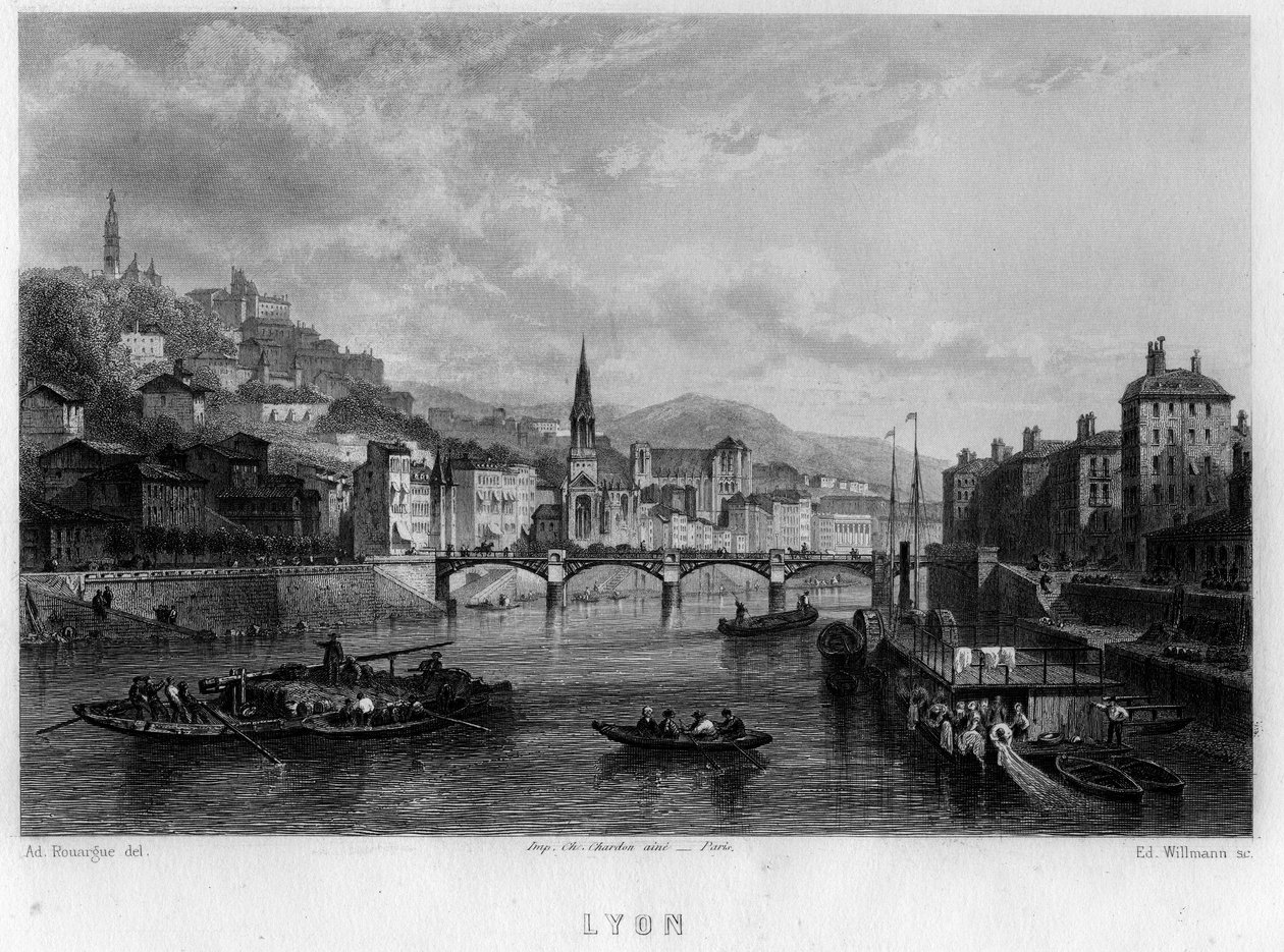 Kilátás Lyon városára, Rhone megyére, Rhone-Alpes régióra, Franciaország. Willmann metszet a „La France ancienne et moderne” című könyvében, Jean-Bernard Mary-Lafon (Jean Bernard Mary Lafon) alkotó: Edouard Willmann