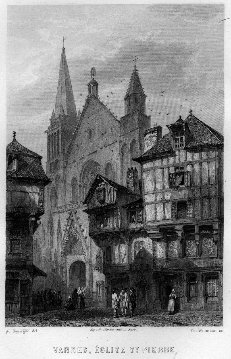 Kilátás Vannes városára és a Saint Pierre-templomra, Morbihan, Bretagne, Franciaország. Willmann metszet a „La France ancienne et moderne” című könyvében, Jean-Bernard Mary-Lafon (Jean Bernard Mary Lafon) alkotó: Edouard Willmann