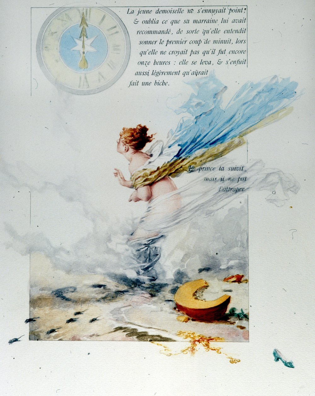 Charles Perrault (1628 - 1703): „” Hamupipőke””” 1697. Edouard de Beaumont (1887) illusztrációja azt ábrázolja, ahogy Hamupipőke az éjfél tizenkettedik ütésében megszökik, és elveszíti cipőjét. A lovak újra patkányokká válnak, a hintó pedig tökké változik. alkotó: Edouard de (after) Beaumont