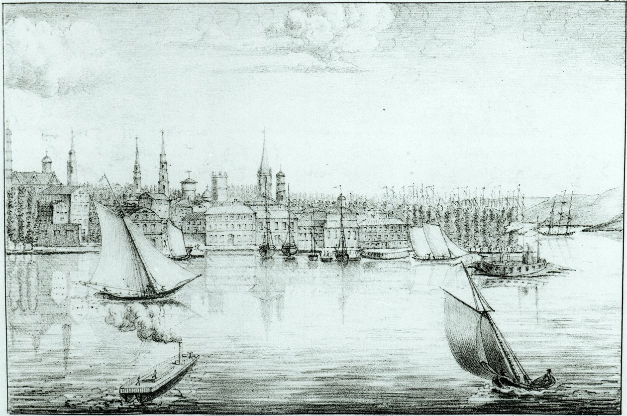 New York nyugatról, de Montule 1821-es „Térképek és nézetek gyűjteménye az amerikai utazásról Olaszországban, Szicíliában és Egyiptomban” című művéből alkotó: Edouard de Montule