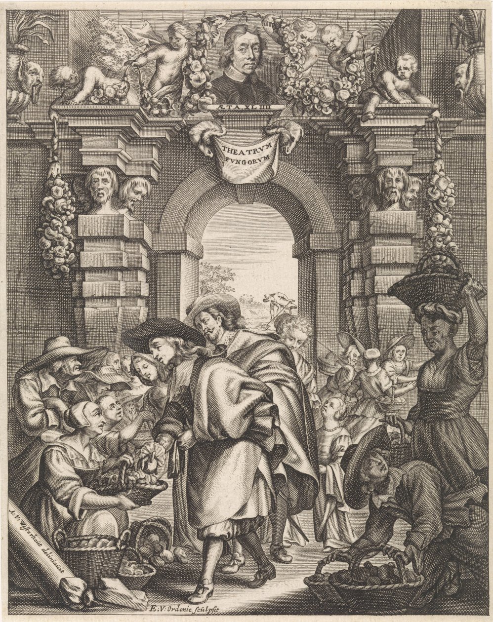 Két úr gombát vásárol a piacon Cím illusztráció: F. van Sterbeeck, Theatrum Fungorum vagy a tooneel der Campernoelien, 1675 alkotó: Edouard van Ordonie