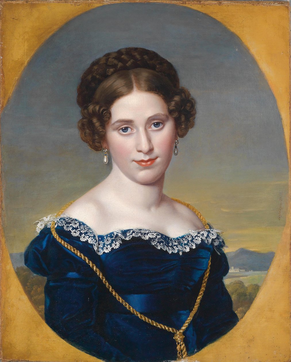 Fiatal nő portréja / hölgy portréja tájképi háttér előtt alkotó: Eduard Friedrich Leybold