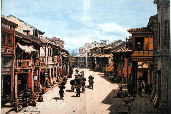 Egy utca Hongkongban a tizenkilencedik század közepén (színes litó) alkotó: Eduard (after) Hildebrandt