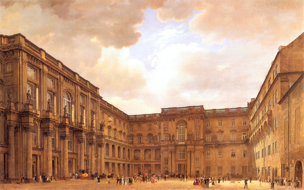 Német: Schlüterhof im Berliner Schloss
Orosz: Schlüterhof im Berliner Schloss alkotó: Eduard Gaertner