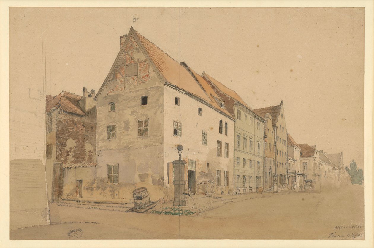 Utca Thornban Nikolausz Kopernikusz szülőházával alkotó: Eduard Gaertner