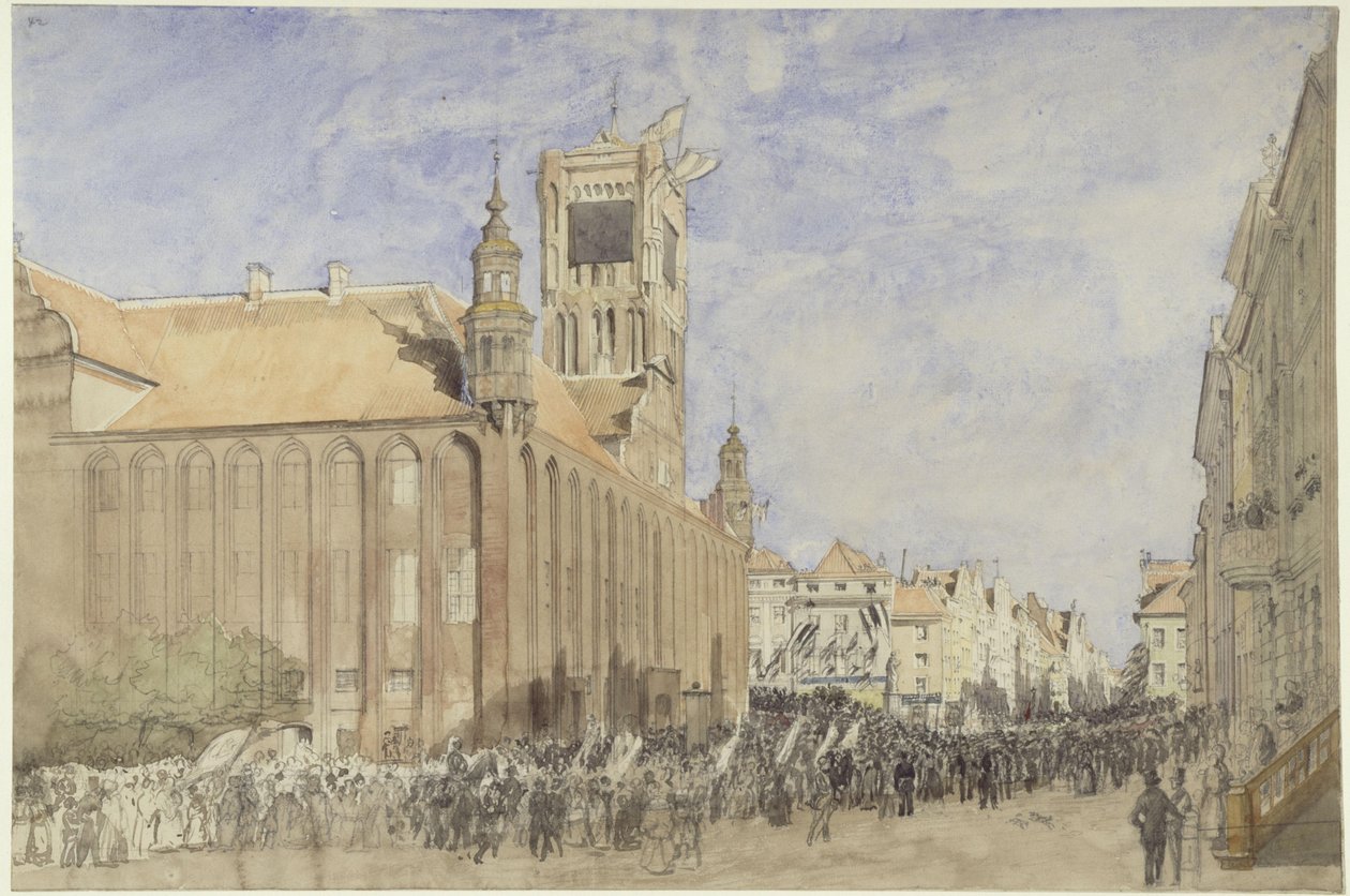 Thorn (Toruń), egykori Marienwerder közigazgatási kerület (Kujávia-Pomerániai vajdaság). A Kopernikusz-emlékmű felavatása a városházánál alkotó: Eduard Gaertner